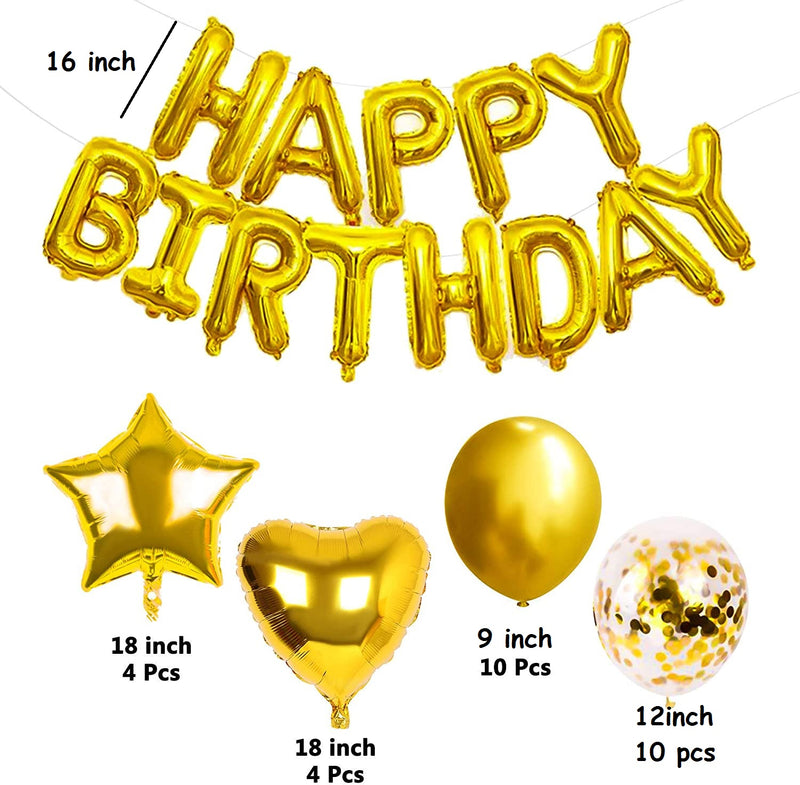 16 Inch Birthday Banner Balloon Letter Foil Party Decoration Bunting 18 Inch Star Heart Foil Latex Balloons Helium Confetti Balloons for Wedding Anniversaries gold