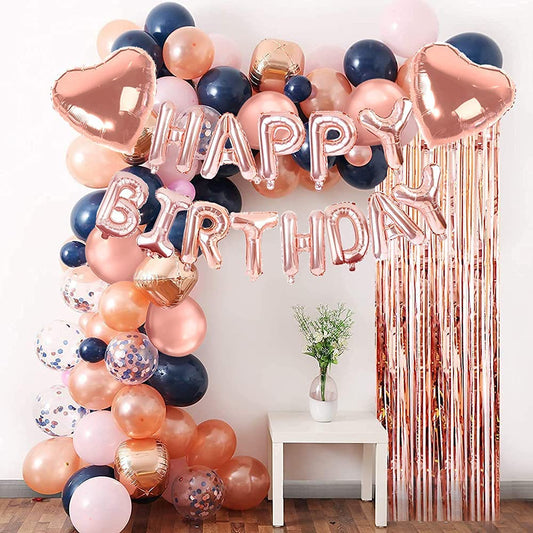 Blue Birthday Party Decorations Set with Happy Birthday Balloons Banner, Confetti Balloons, Foil Fringe Curtain for Birthday Party Supplies (Rose Gold)