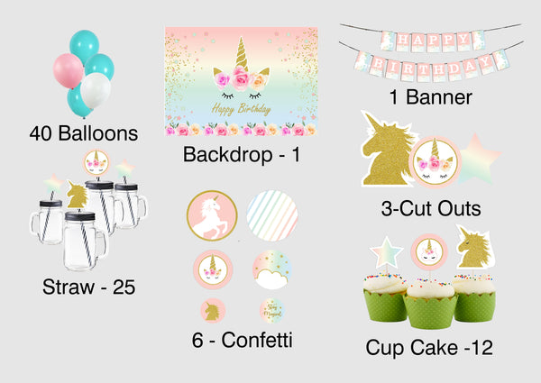 Unicorn Theme Complete Party Kit with Backdrop & Decorations
