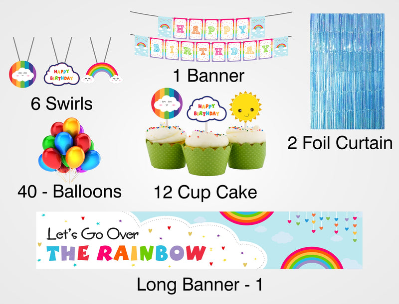 Rainbow Theme Birthday Complete Party Kit with Backdrop & Decorations