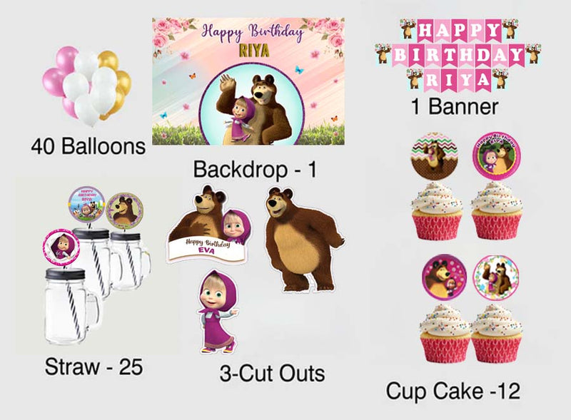 Masha and the Bear Birthday Party Combo Kit with Backdrop & Decorations