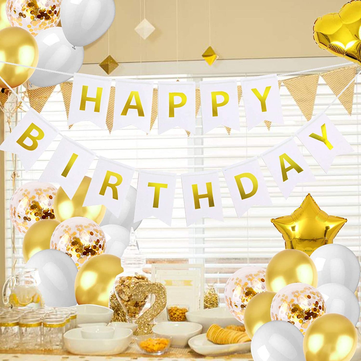 Gold White Balloon Garland, Happy Birthday Banner, Gold Latex Confetti Sequin Balloon for Birthday Party, Baby Shower, Wedding, Man Woman Wedding Anniversary