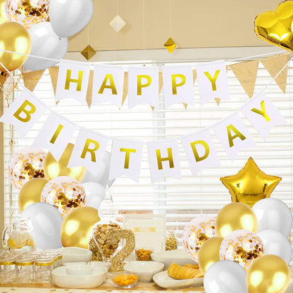 Gold White Balloon Garland, Happy Birthday Banner, Gold Latex Confetti Sequin Balloon for Birthday Party, Baby Shower, Wedding, Man Woman Wedding Anniversary