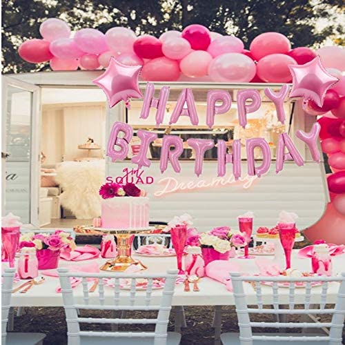 Baby Pink Happy Birthday Balloon Banners , Alphabet Balloons Banner for Baby Girls Birthday Party Decoration Teen Girls Women