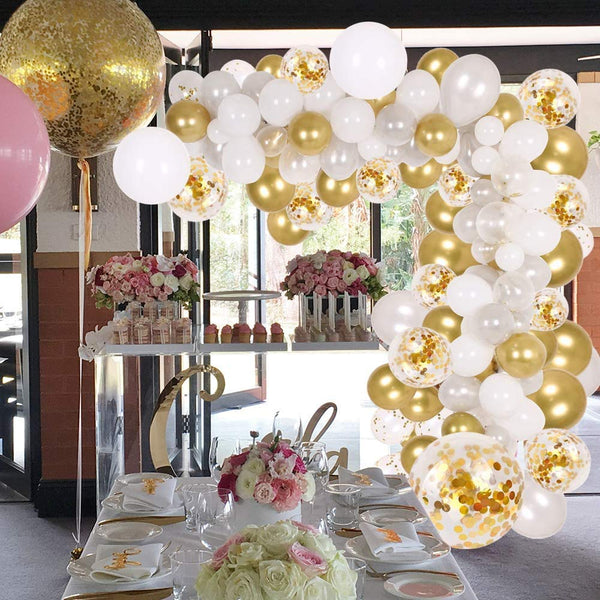 DIY Balloon Arch & Garland kit Gold Confetti & Silver & White Balloons for Bridal & Baby Shower, Wedding, Birthday, Graduation, Anniversary Party (Gold White)
