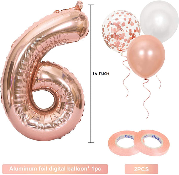 16 Inch Rose Gold Number 6 Balloon, Large Helium Balloon Birthday Party Decorations for Girls, Rose Gold Latex Balloons, 2 Year Party Supplies for Baby Shower Birthday Celebration