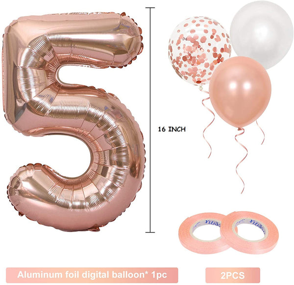 16 Inch Rose Gold Number 5 Balloon, Large Helium Balloon Birthday Party Decorations for Girls, Rose Gold Latex Balloons, 2 Year Party Supplies for Baby Shower Birthday Celebration