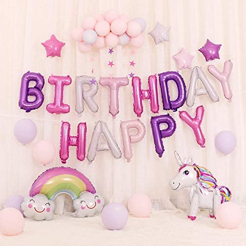 Girls Happy Birthday Balloon Banner Pink Purple – 16 Inch Self Inflating Happy Birthday Banners Balloons with 2 Pack 18in