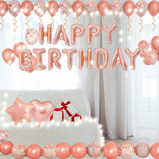 Happy Birthday Decorations for Women Girls, String Lights Happy Birthday Star Heart Foil Confetti Latex Rose Gold Balloons Birthday Party Decorations Supplies