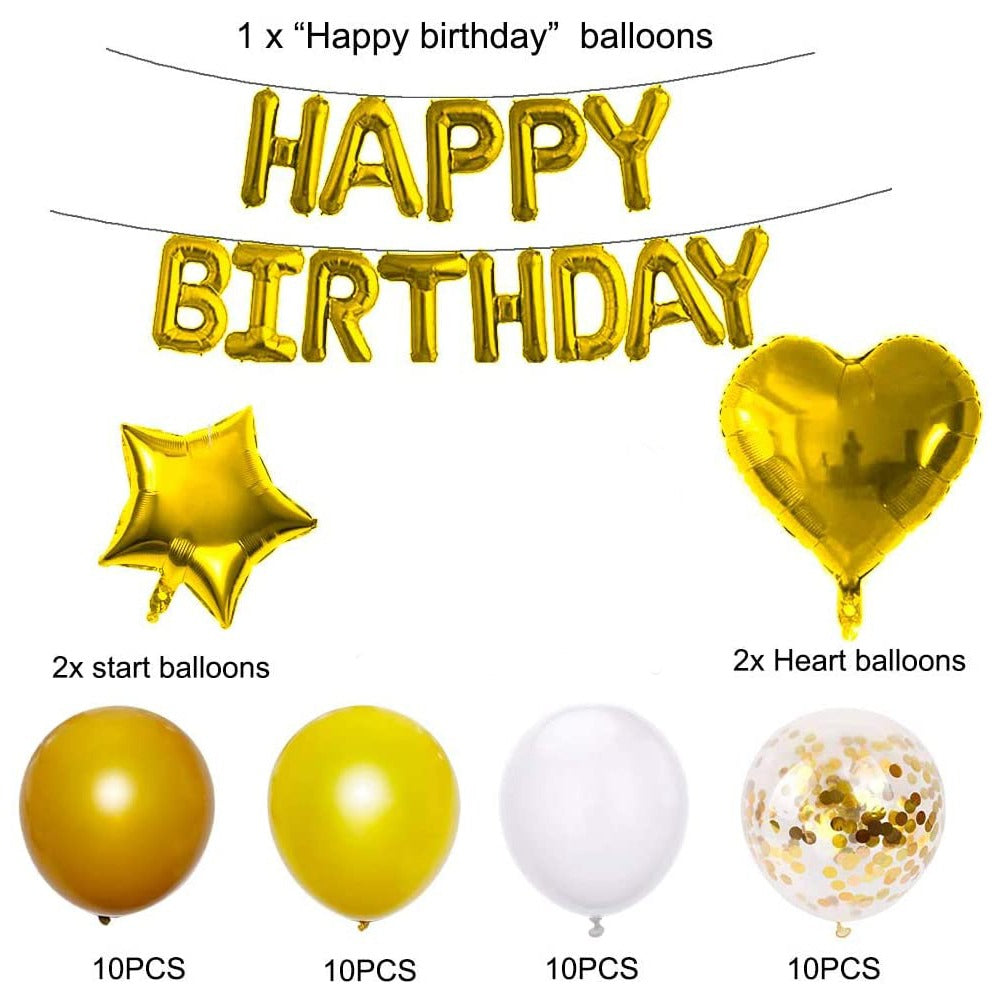 Gold Birthday Decorations, Happy Birthday Balloon Banner, Gold Party Decorations, Happy Birthday Foil Balloons, Heart Star Foil Confetti Balloons (Happy Birthday)