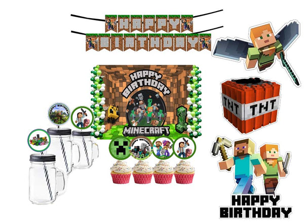 Minecraft Theme Birthday Party Combo Kit with Backdrop & Decorations