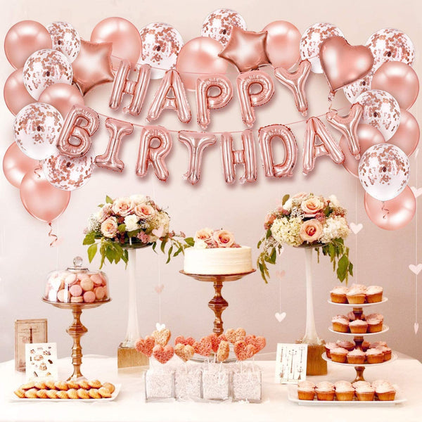 Rose Gold Birthday Party Decoration for Girls, Inflated Happy Birthday Alphabet Banners, Confetti Rose Gold Balloons,Cake Topper for Girls Birthday Supplies (Rose Gold) (Happy Birthday)