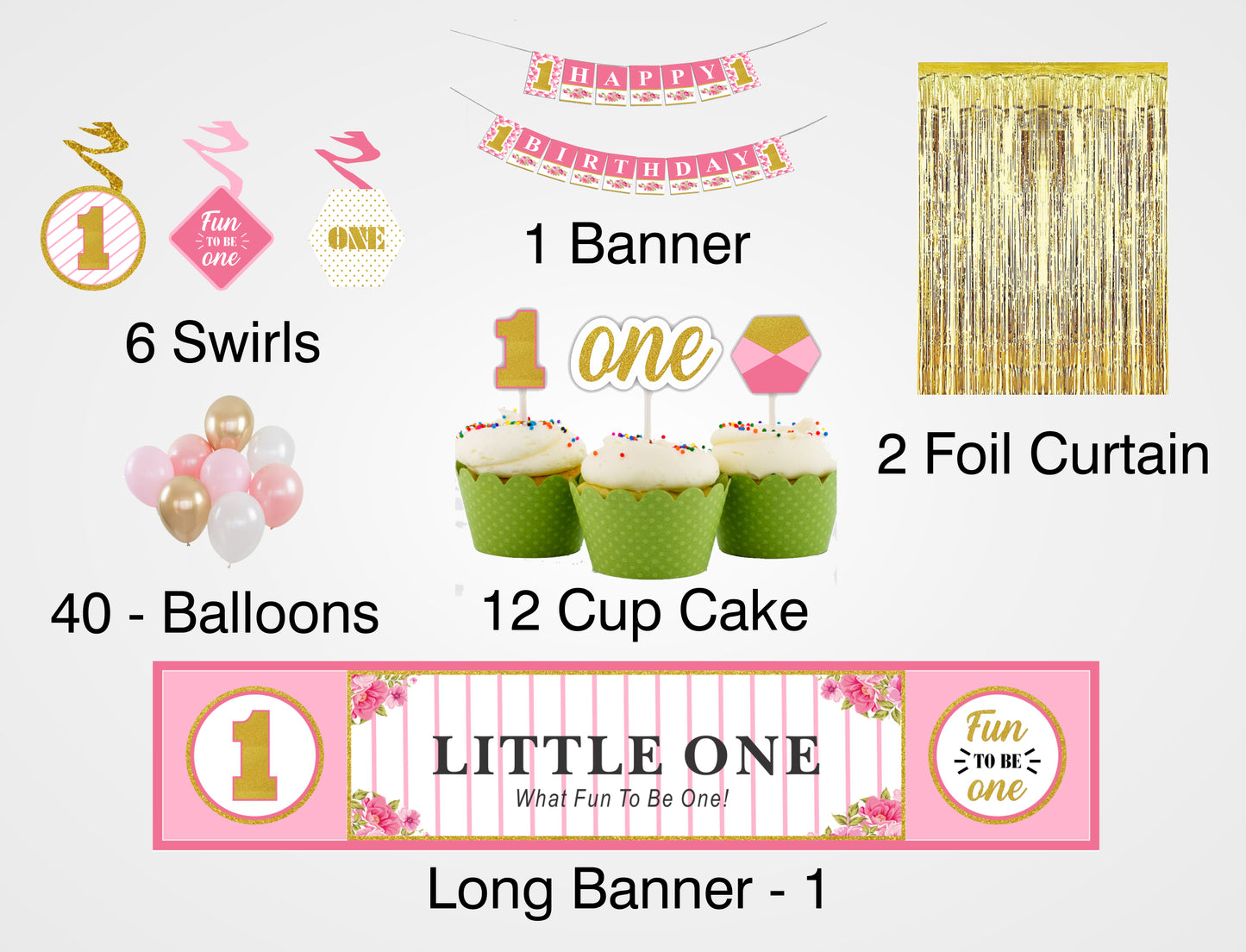One is Fun First Birthday Party Decoration Kit with Foil Curtains