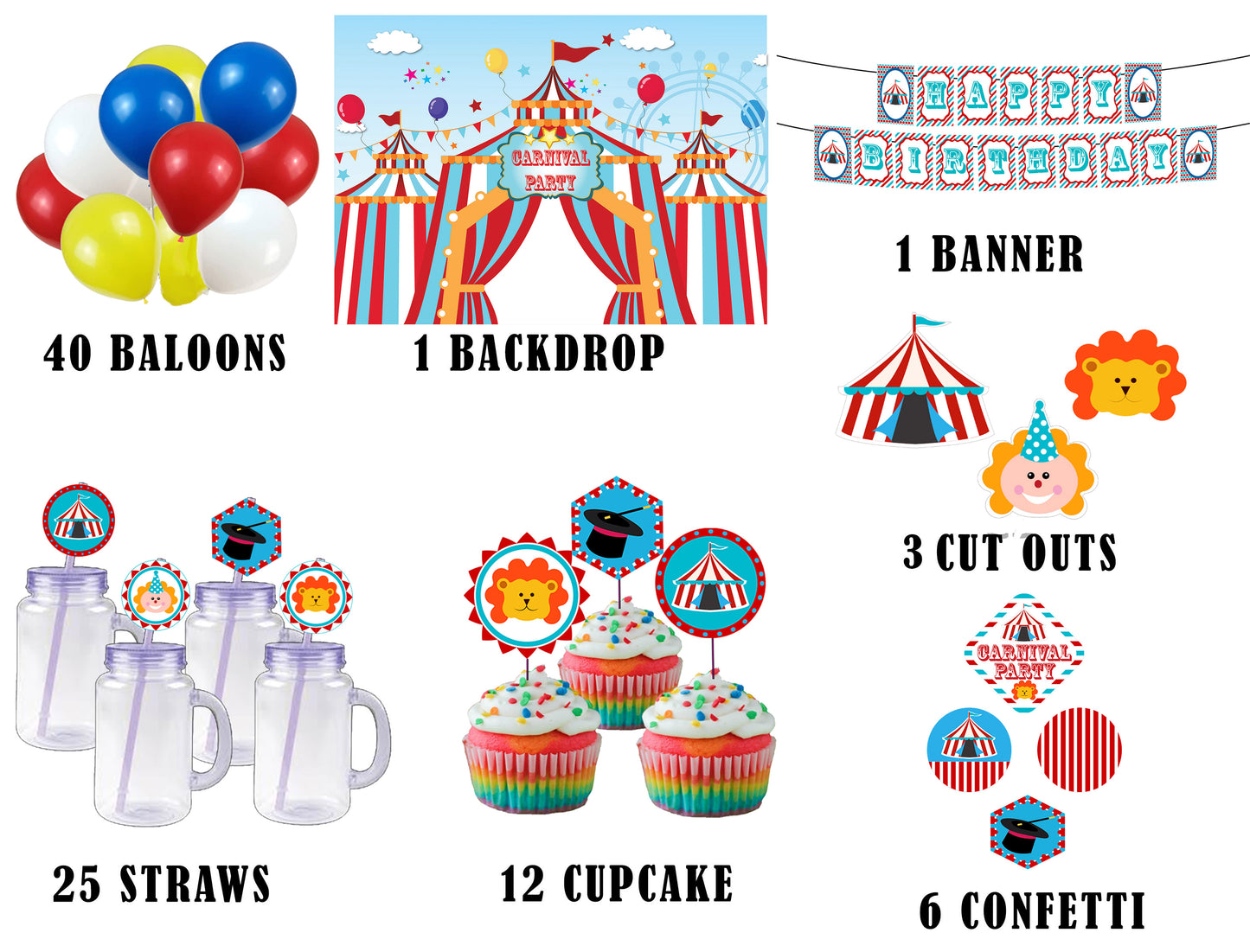 Carnival Theme Birthday Party Complete Party Kit with Backdrop & Decorations