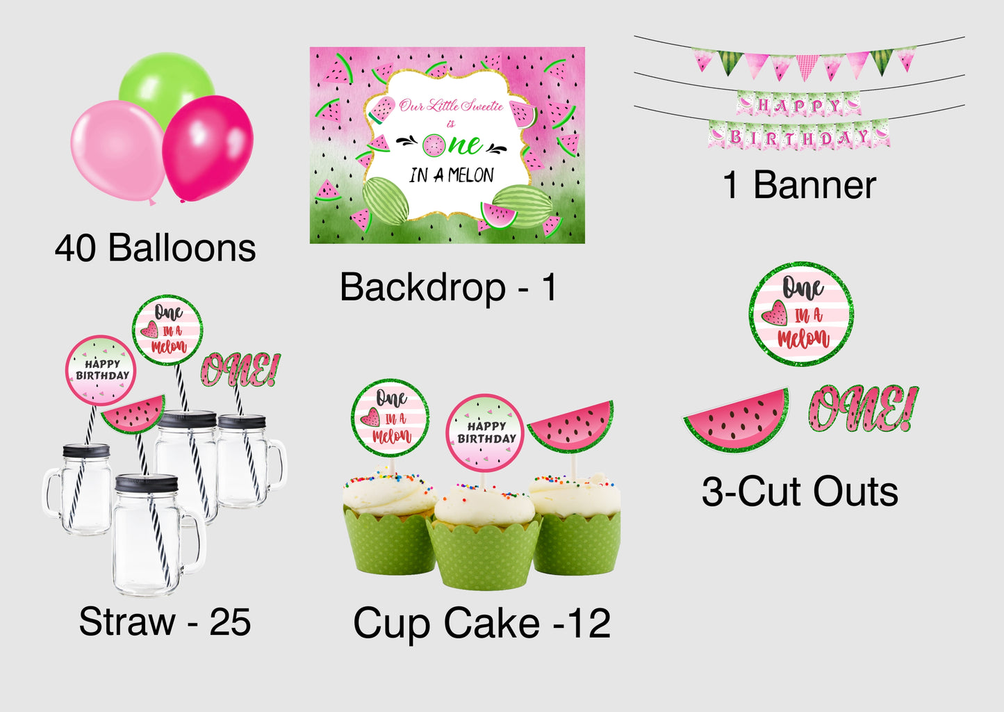One In A Melon Theme Birthday Complete Party Kit with Backdrop & Decorations