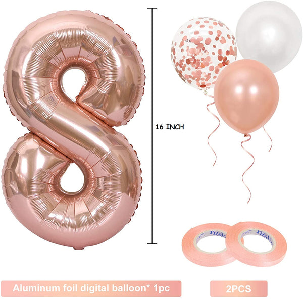 16 Inch Rose Gold Number 8 Balloon, Large Helium Balloon Birthday Party Decorations for Girls, Rose Gold Latex Balloons, 2 Year Party Supplies for Baby Shower Birthday Celebration