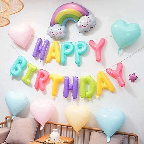 Rainbow Happy Birthday Balloons Banner Self Inflated 16 inch Birthday Alphabets Letters Foil & 2 Pack Large 18 Inch Stars Ballloons for Kids Birthday Party Decorations Supplies