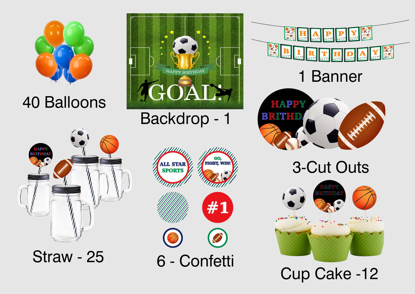 Sports  Theme Birthday Complete Party Kit with Backdrop & Decorations