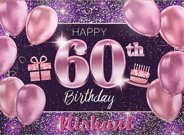 Personalize 60th Birthday Pink balloons Party Backdrop Banner