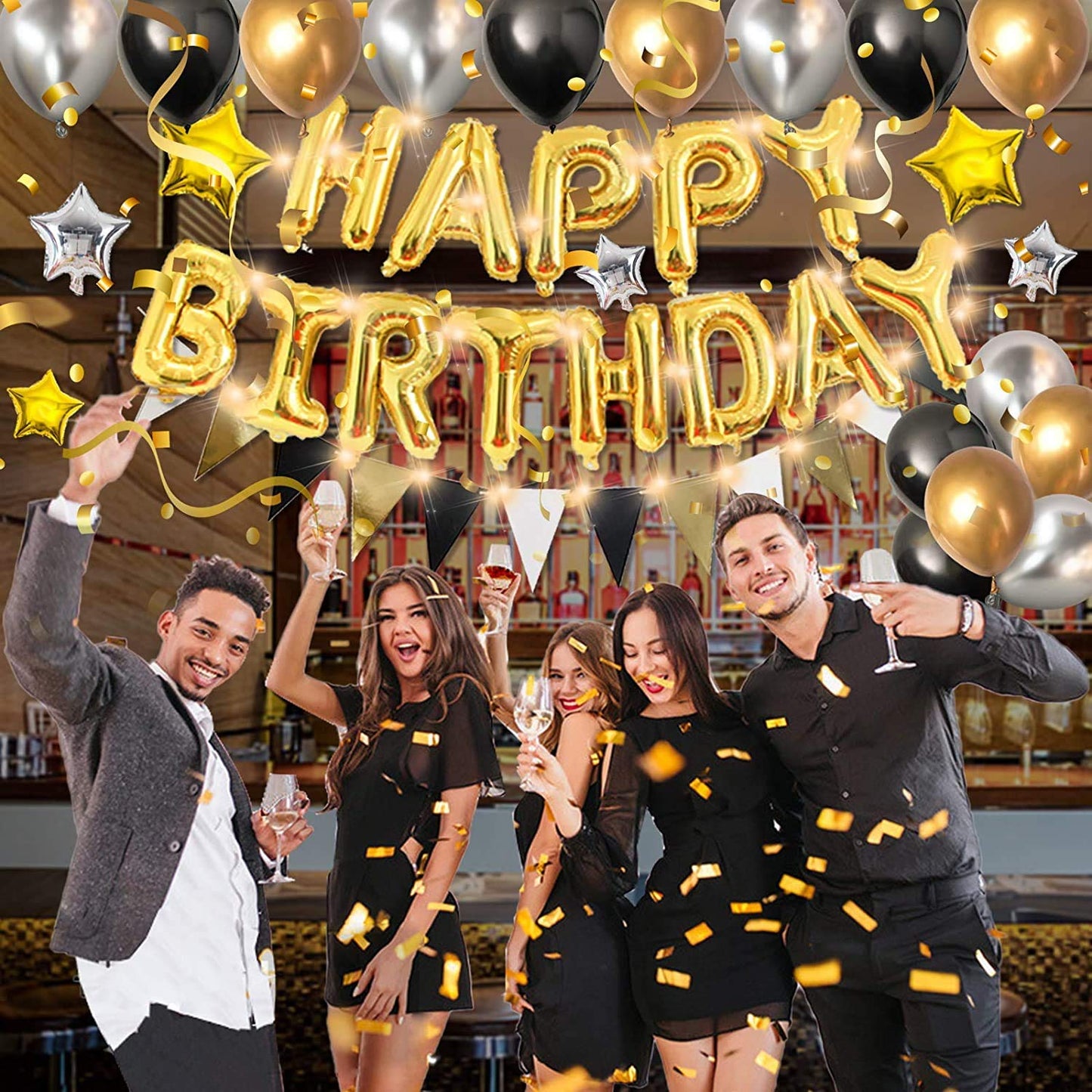 Birthday Party Decoration for Adult Happy Birthday Banner Black and White Balloons Party Supplies with Light for Men and Women (Pack of 66)