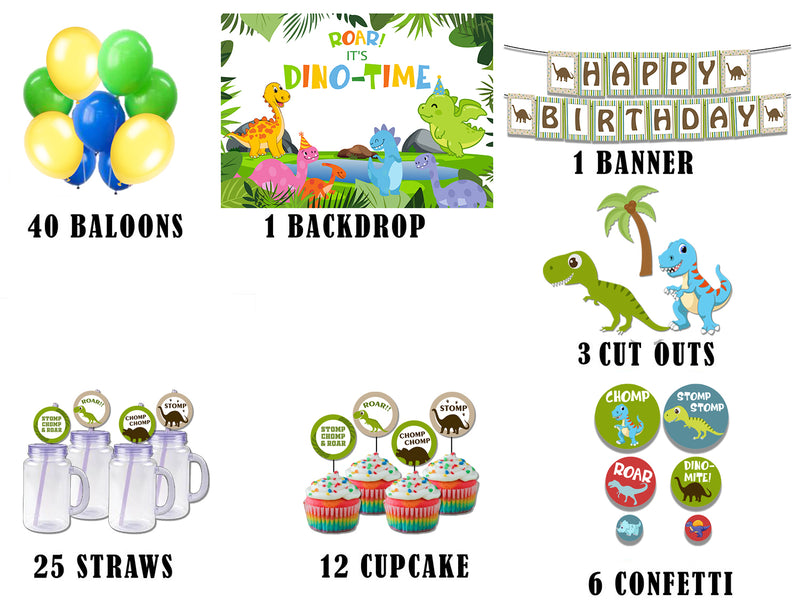 Dinosaur Theme Birthday Complete Party Kit with Backdrop & Decorations