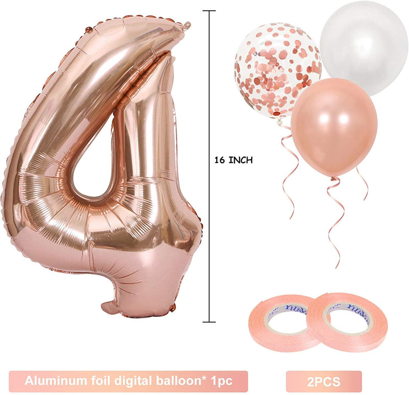 16 Inch Rose Gold Number 4 Balloon, Large Helium Balloon Birthday Party Decorations for Girls, Rose Gold Latex Balloons, 2 Year Party Supplies for Baby Shower Birthday Celebration