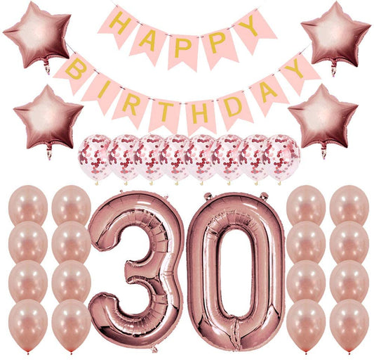Rose Gold Sweet Party Supplies - Sweet Gifts for Girls - Birthday Party Decorations - Happy Birthday Banner, Number and Confetti Balloons (30th Birthday)