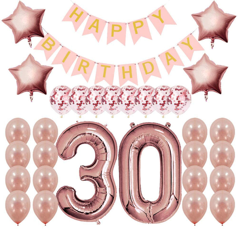 Rose Gold Sweet Party Supplies - Sweet Gifts for Girls - Birthday Party Decorations - Happy Birthday Banner, Number and Confetti Balloons (30th Birthday)
