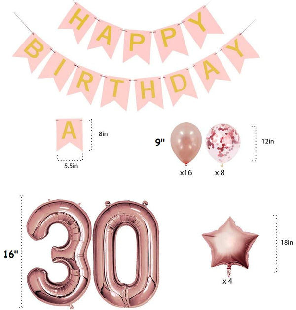 Rose Gold Sweet Party Supplies - Sweet Gifts for Girls - Birthday Party Decorations - Happy Birthday Banner, Number and Confetti Balloons (30th Birthday)