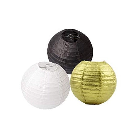Decoration With Balloons, Paper Lanterns And Paper Pom Poms, 73 Pcs, (Black And Gold).