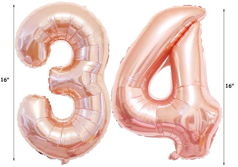 Birthday Decorations for Women Party Supplies 16 inch Rose Gold Number Foil Balloons, 30pcs Rose Gold and Champagn Gold Balloons, Great Gifts for Women' (34th Birthday)