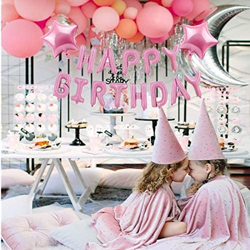 Baby Pink Happy Birthday Balloon Banners , Alphabet Balloons Banner for Baby Girls Birthday Party Decoration Teen Girls Women