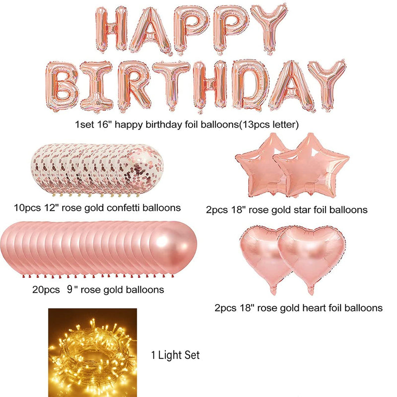 Happy Birthday Decorations for Women Girls, String Lights Happy Birthday Star Heart Foil Confetti Latex Rose Gold Balloons Birthday Party Decorations Supplies