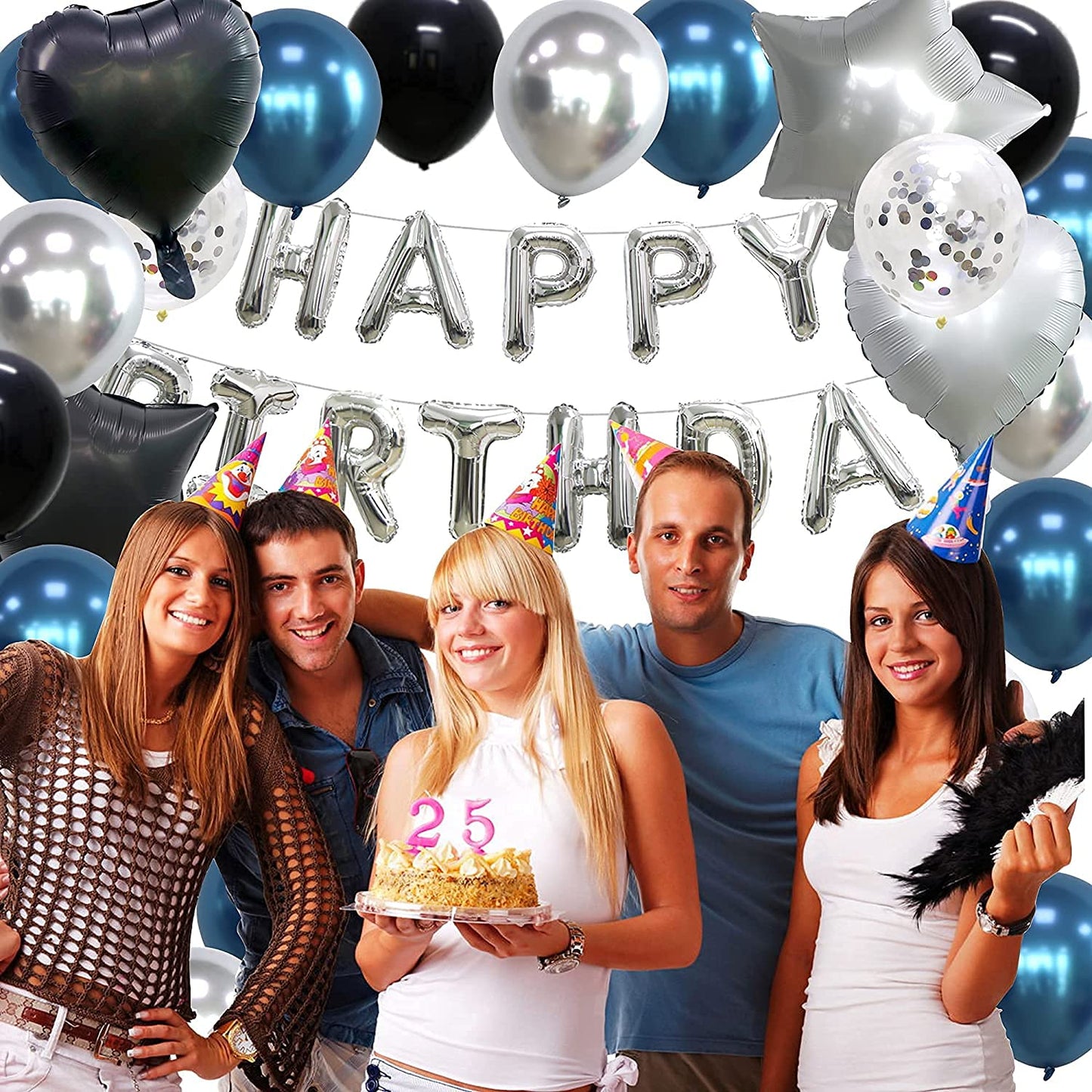 Navy Blue Black and Silver Party Decorations for Silver Happy Birthday Banner Love and Star Foil Balloon Dark Blue for Little King Baby Shower Decorations