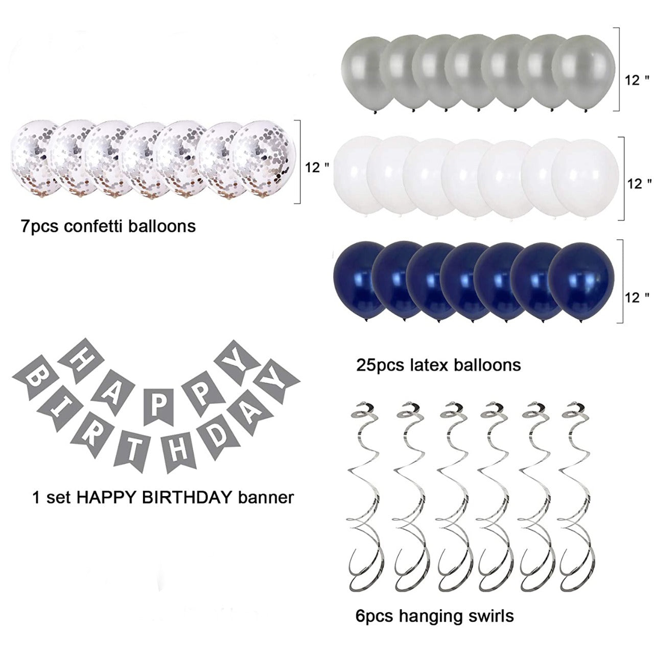 Birthday Decorations, Happy Birthday Decoration for Men Party Balloons for Boys Kit Sliver Blue Confetti Balloons and Swirl 13th 16th 18th 21st 30th 40th 50th 60th Party Supplies