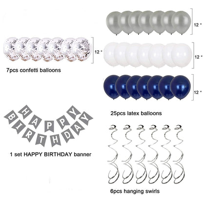 Birthday Decorations, Happy Birthday Decoration for Men Party Balloons for Boys Kit Sliver Blue Confetti Balloons and Swirl 13th 16th 18th 21st 30th 40th 50th 60th Party Supplies