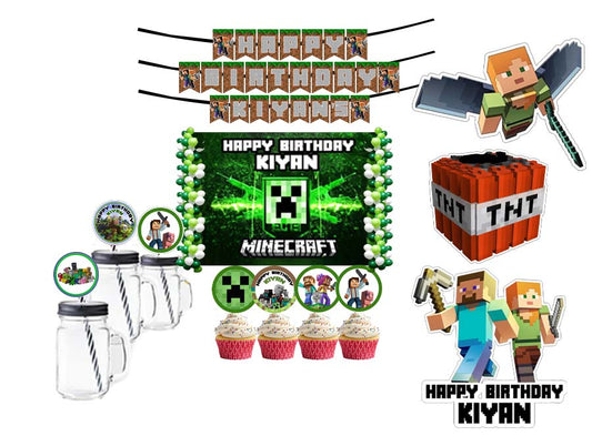 Minecraft Theme Birthday Party Combo Kit with Backdrop & Decorations