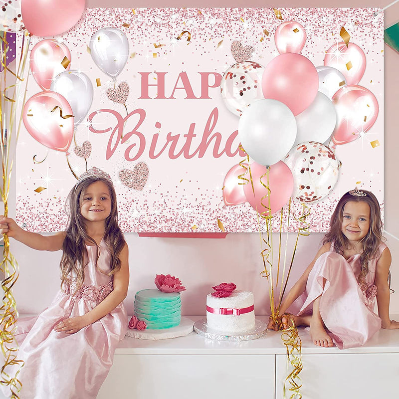 Happy Birthday Party Decorations Supplies Birthday Party Banner Balloons for Women and Girls Happy Birthday Backdrop Sweet 16 Photography Background Photo Booth (Happy Birthday)