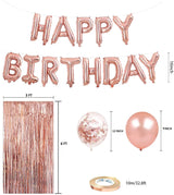 Birthday Decoration, 50PCS Rose Gold & Confetti Latex Balloons, Happy Birthday Balloons Banner with 2 Foil Fringe Curtains, Birthday Decorations for Women Girls