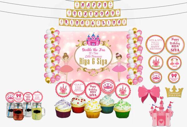 Twin Girls Theme Birthday Complete Party Kit with Backdrop & Decorations