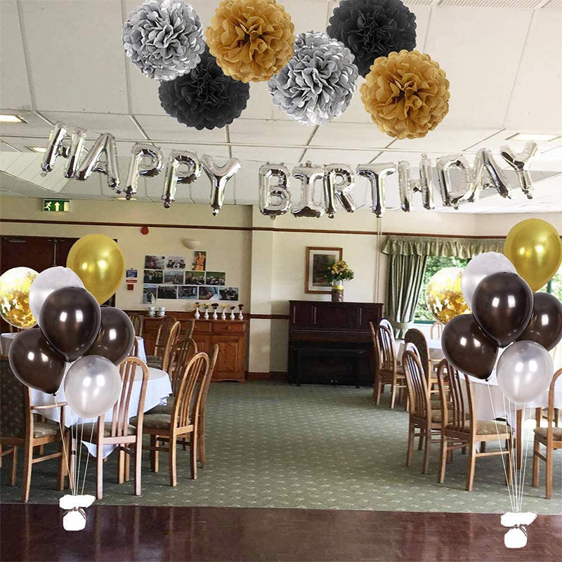 Birthday Party Supplies with Happy Birthday Balloons Banner and Paper Banner Gold and Black for Boys Girls 16th 18th 20th 21st 30th 40th 50th 60th Party Supplies