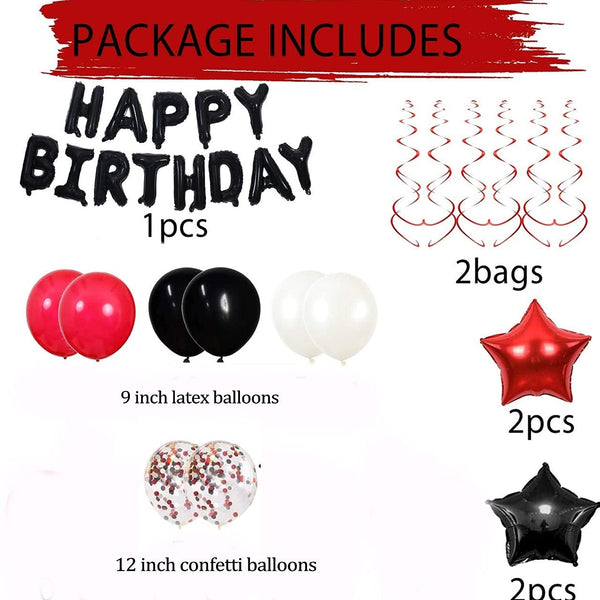 Black Birthday Party Decorations Set with Happy Birthday Balloons Banner,  Confetti Balloons, Foil Fringe Curtain for Birthday Party Supplies
