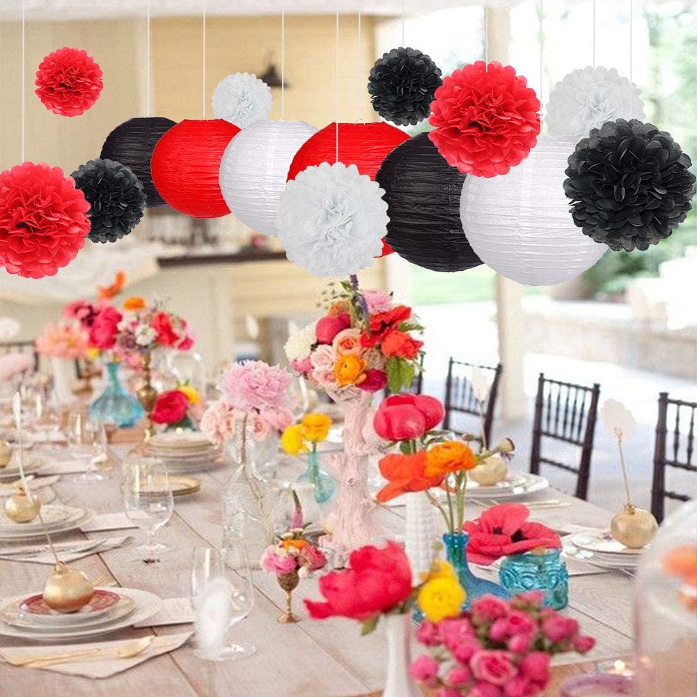 Red, Black And White Tissue Paper Pom Poms And Paper Lanterns -Casino Party, Movie party Decorations