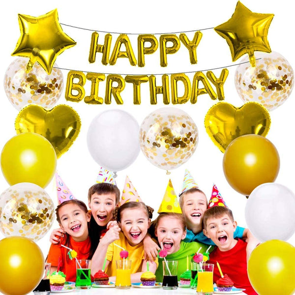 Gold Birthday Decorations, Happy Birthday Balloon Banner, Gold Party Decorations, Happy Birthday Foil Balloons, Heart Star Foil Confetti Balloons (Happy Birthday)