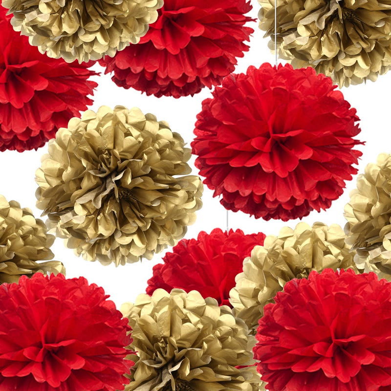Red And Gold Pom Pom Flower Decoration For Birthday Parties, Anniversary Party & Baby Shower