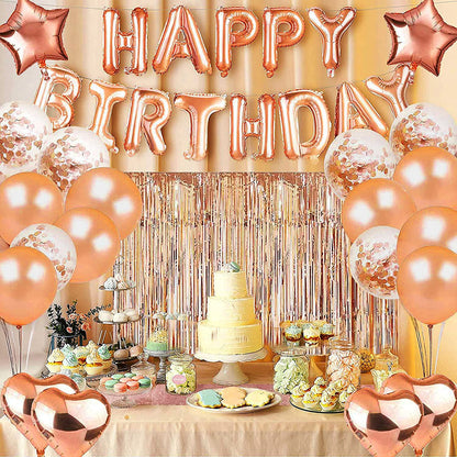 Birthday Decorations for Girls and Women with Happy Birthday Balloons Banner and Complete Rose Gold Party Supplies includes Tassel Garland Foil Curtain Confetti Heart Star Shaped