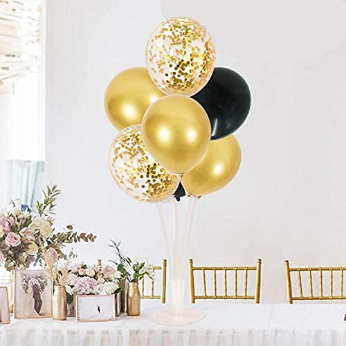 2 Set Table Centerpiece Balloons Stand Kit Include 16 Black Gold Latex Confetti Balloons for Birthday, Baby Shower, Wedding, Graduation, Anniversary Table Party Decorations. (Balloons)