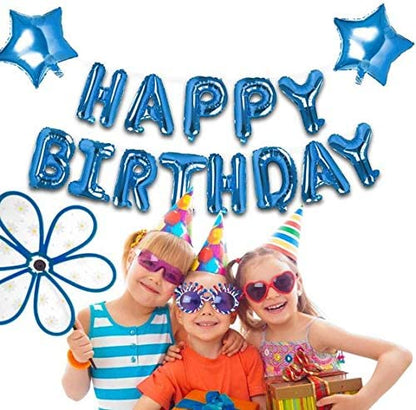 Blue Happy Birthday Banner Balloon Bunting Blue 16 inch Letters Foil & 2 Pack Large 18 Inch Blue Stars Ballloons for Boys Birthday Party Decorations Supplies