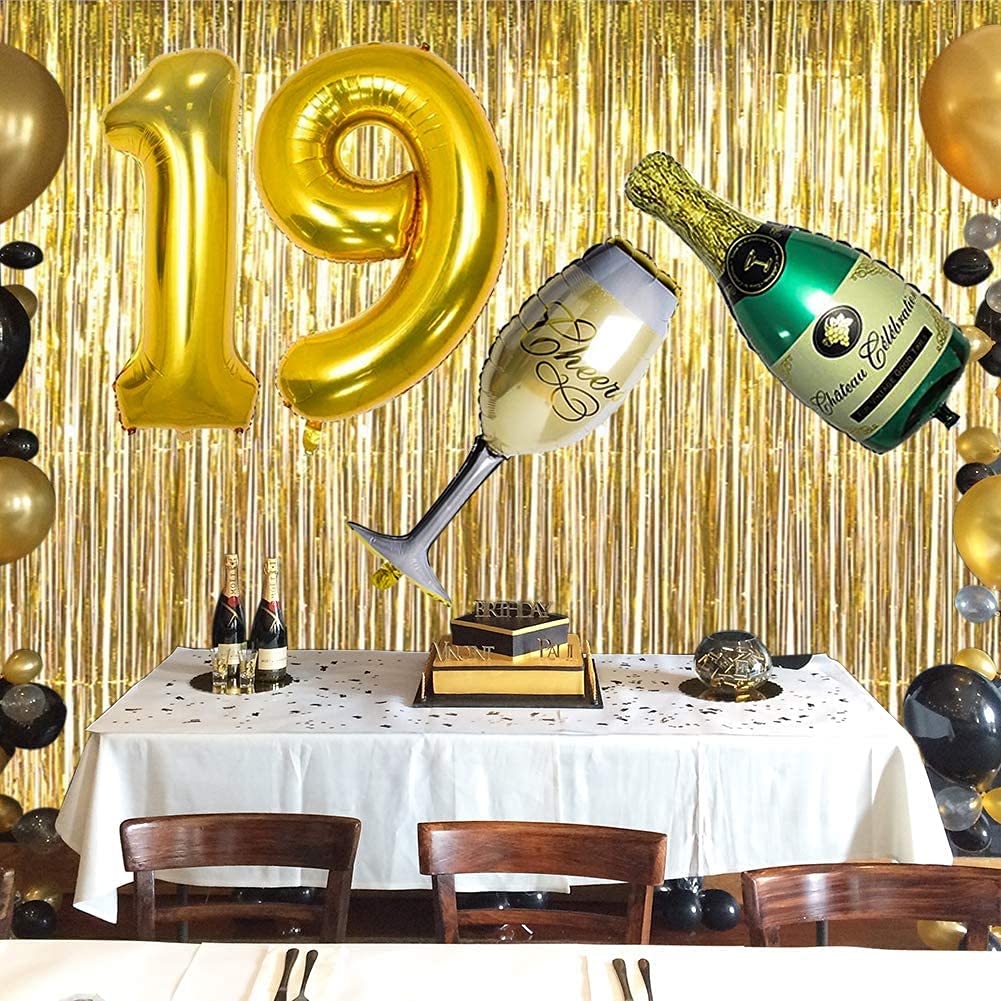 Party Decorations Supplies, Number 1 and 9 Balloons Gold Foil Fringe Curtains Backdrop Props Champagne Bottle Wine Glass Balloons Decoration for Bachelor Celebration (19th Birthday)