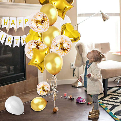 Gold White Balloon Garland, Happy Birthday Banner, Gold Latex Confetti Sequin Balloon for Birthday Party, Baby Shower, Wedding, Man Woman Wedding Anniversary